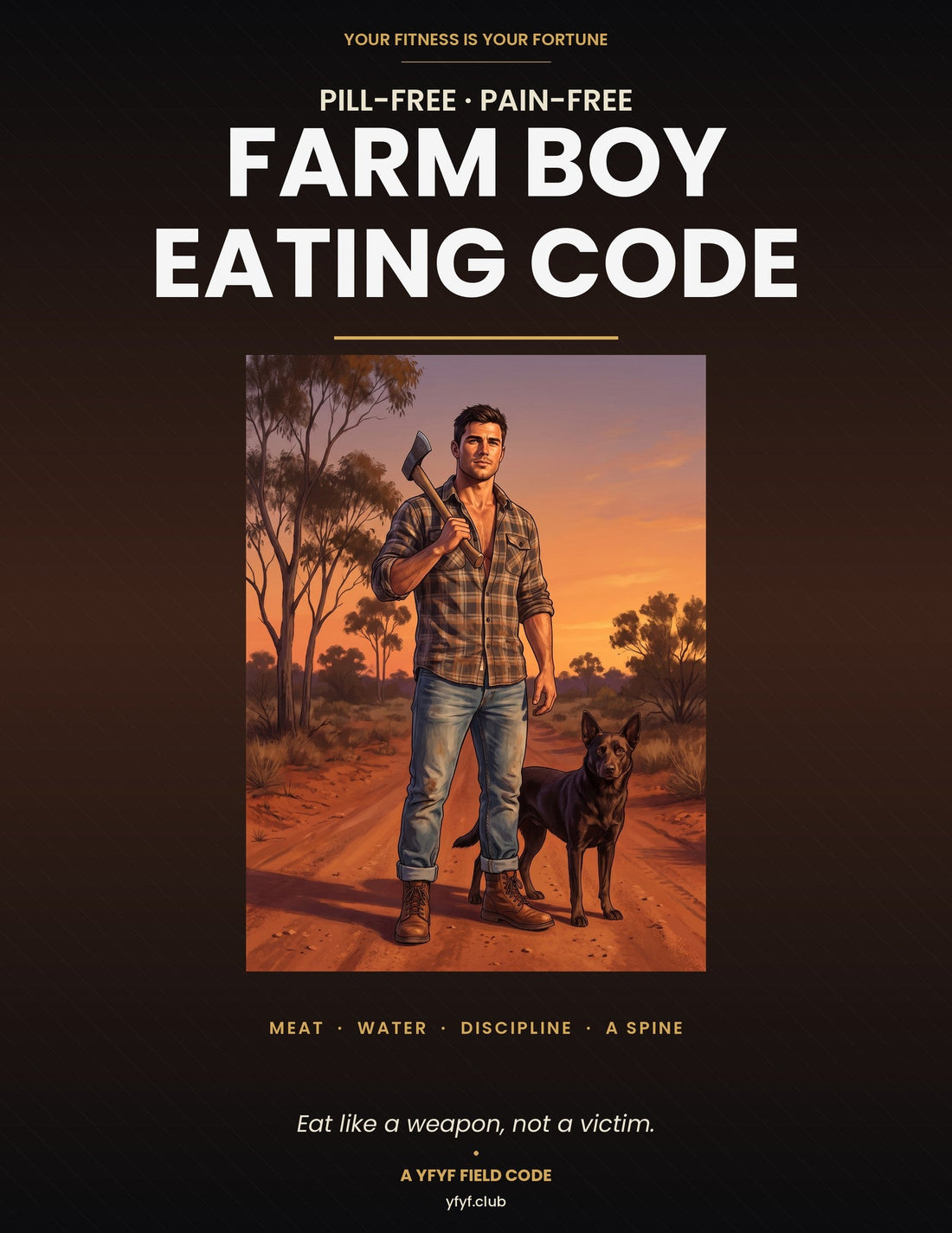 The Farm Boy Eating Code cover: a farm man with an axe and a kelpie on a red dirt road at sunset