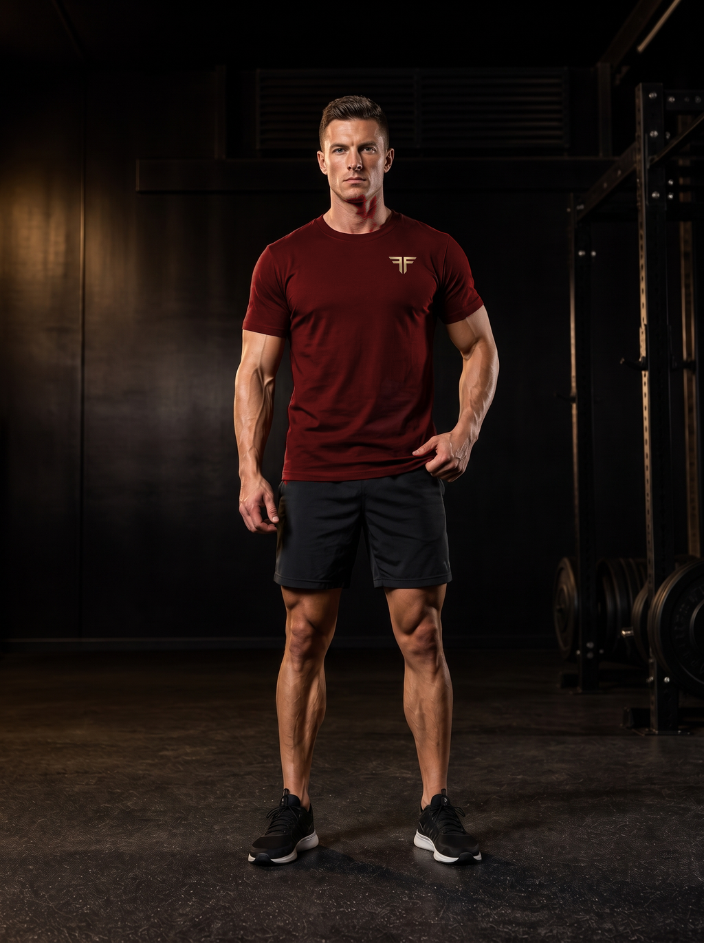 Clarke in the YFYF Jujube Red Heavyweight Cotton Tee, front, gold FF chest logo, in the gym