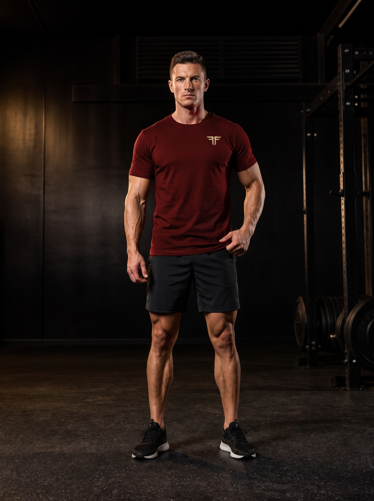 Clarke in the YFYF Jujube Red Heavyweight Cotton Tee, front, gold FF chest logo, in the gym