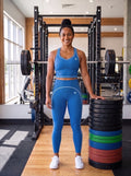 YFYF Outline Set in Coastal Blue: racerback crop top and high-rise leggings, front