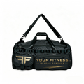 YFYF Gym Duffel in black with gold FF emblem and Your Fitness Is Your Fortune wordmark, front