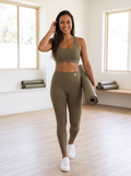 YFYF Olive high-waisted leggings, Gold Logo, worn, front