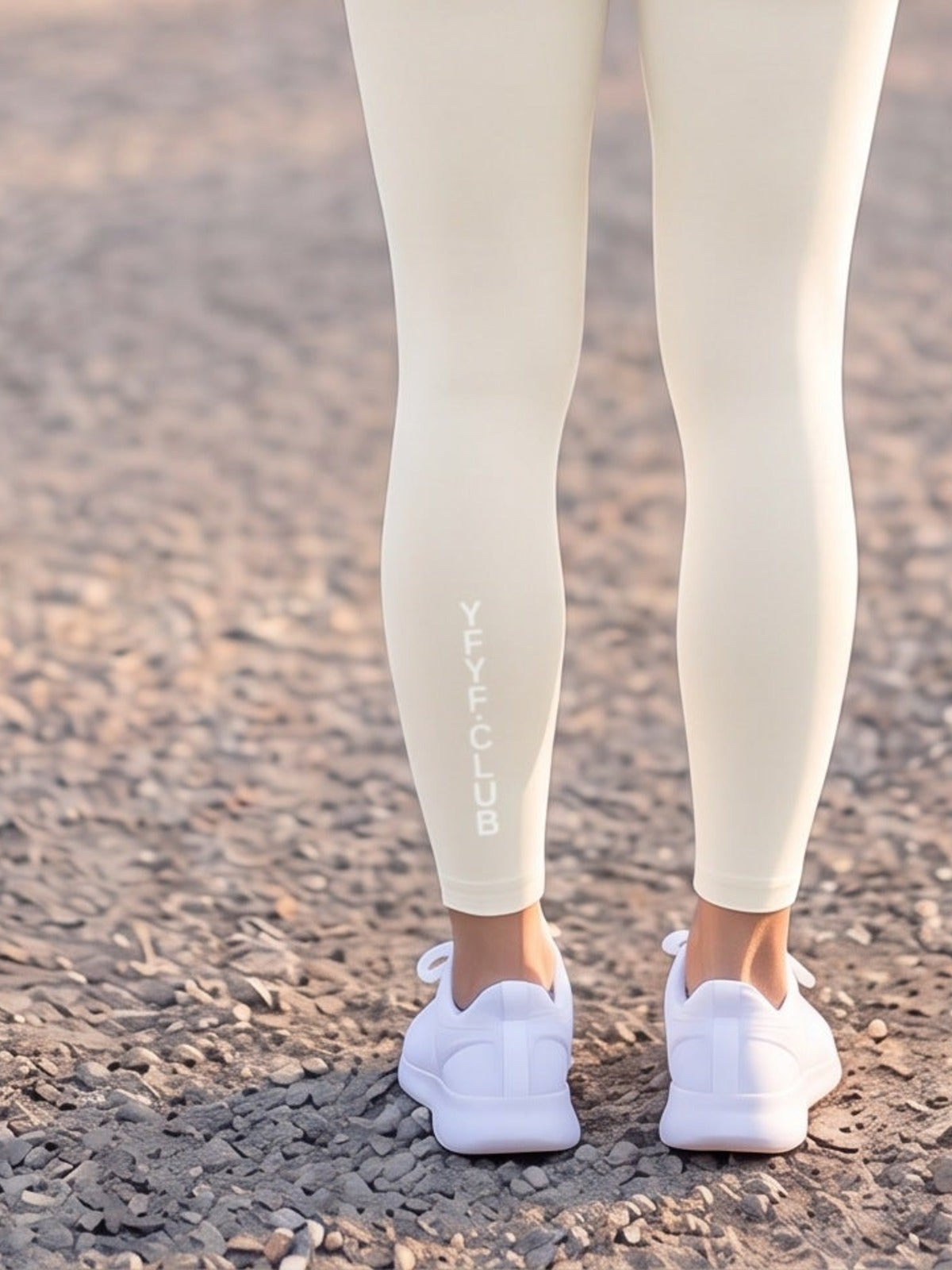 Close-up of YFYF.CLUB printed on the calf of the Beige White Logo leggings