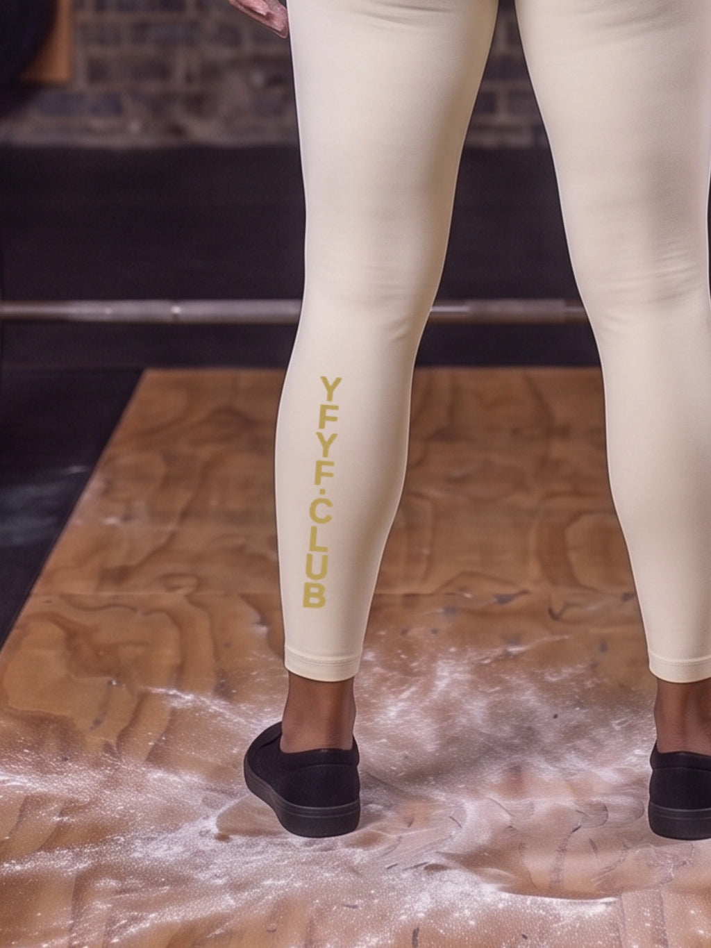 Close-up of gold YFYF.CLUB printed on the calf of the Beige Gold Logo leggings