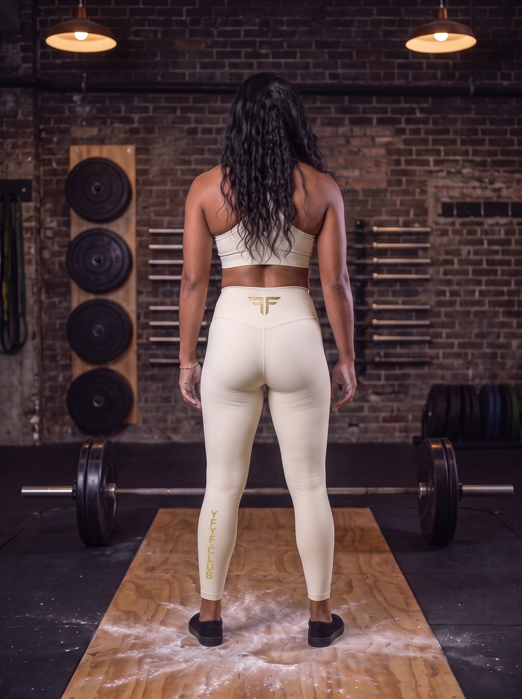 YFYF Beige high-waisted leggings, Gold Logo, worn, back, YFYF.CLUB on left calf