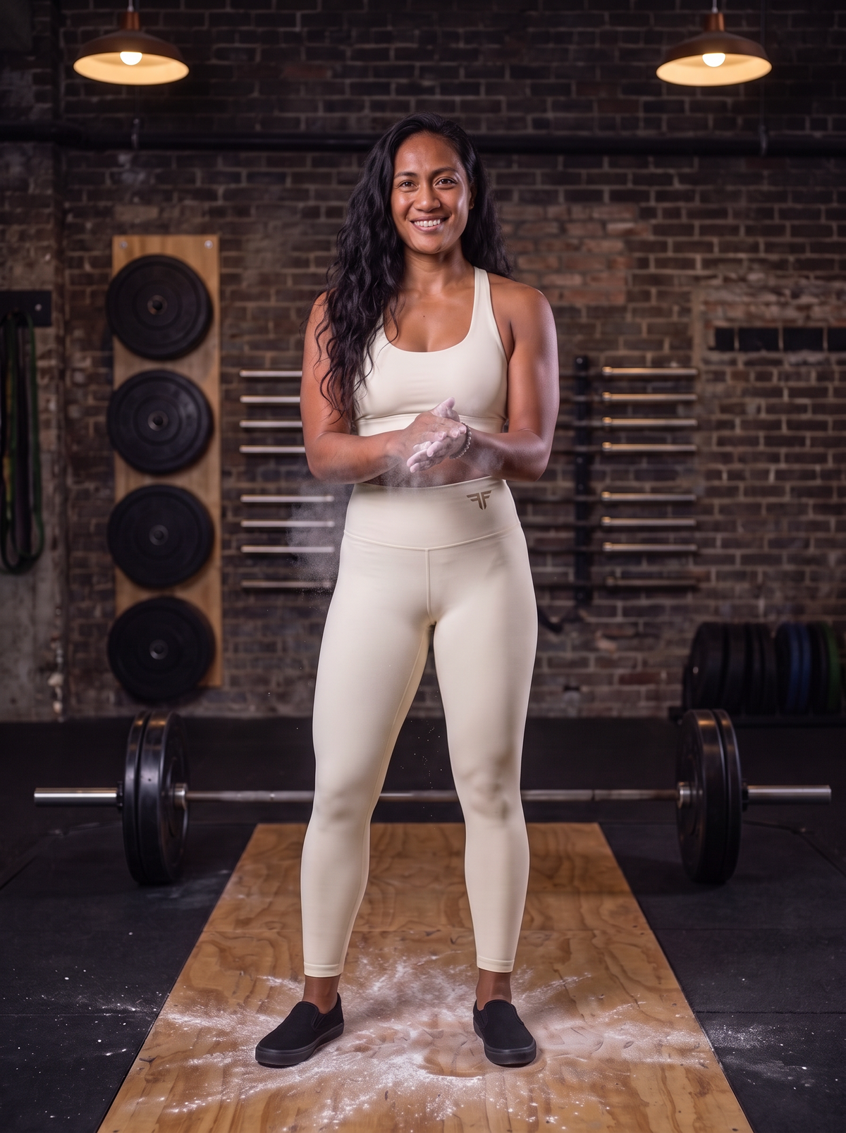 Talea in the weights room in YFYF Beige high-waisted leggings, Gold Logo, worn, front