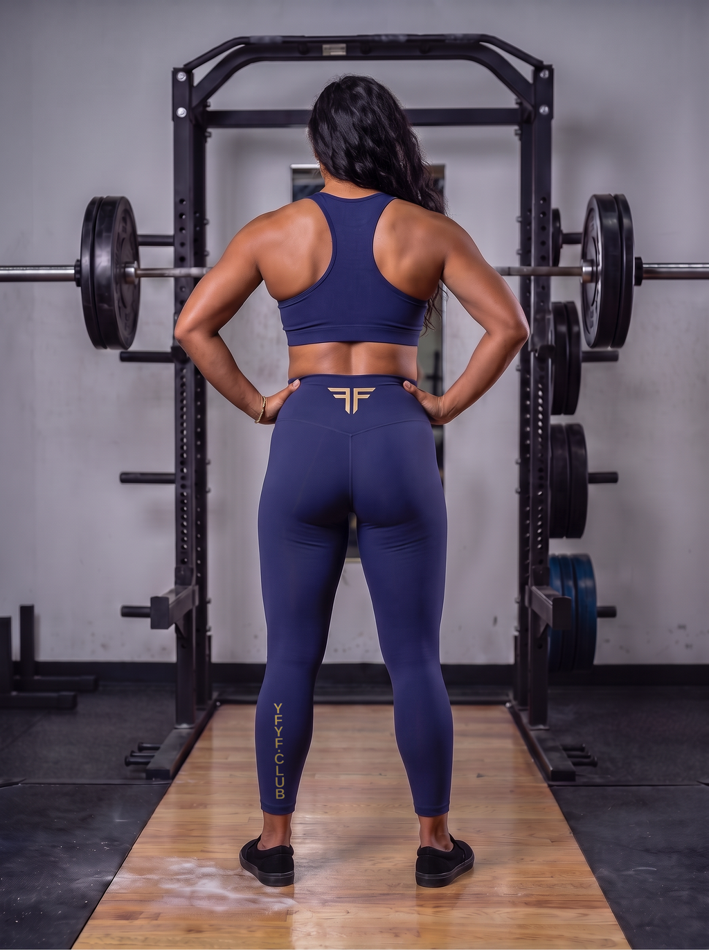 YFYF Royal Blue high-waisted leggings, Gold Logo, worn, back, YFYF.CLUB on left calf