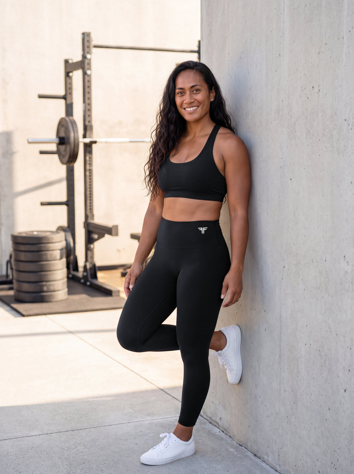 Talea wearing Black Full Brand high-waisted leggings, front view with white FF logo