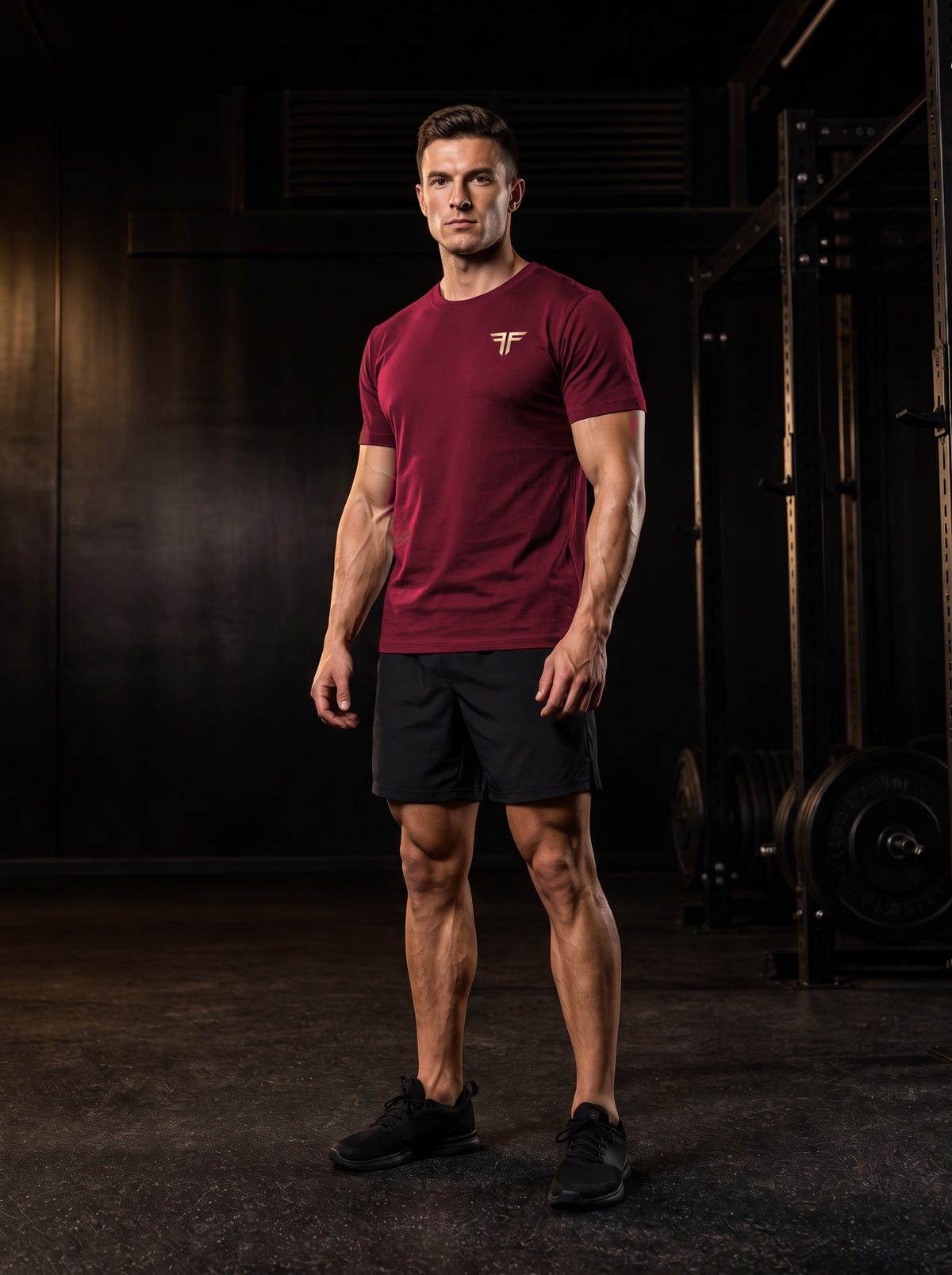 Clarke wearing the YFYF Oxblood Heavyweight Cotton Tee, front, gold FF chest logo, in the gym