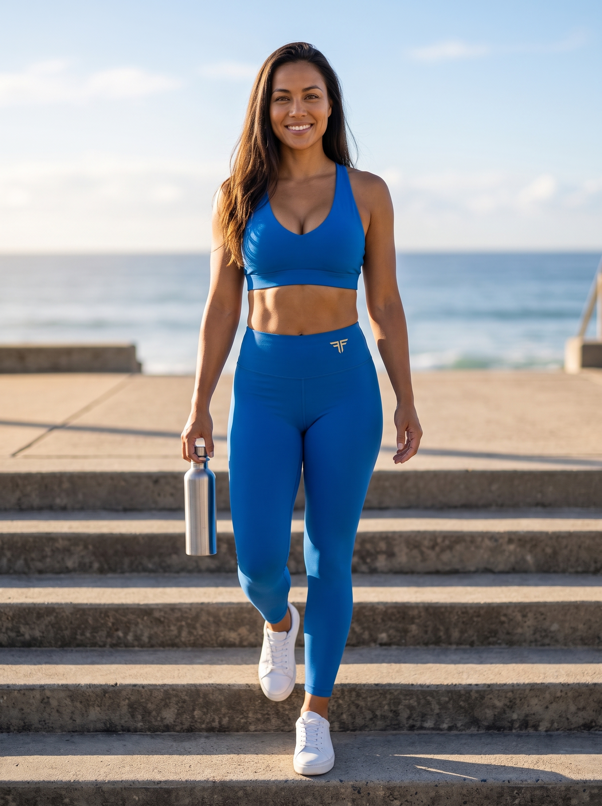 Elkie in YFYF Coastal Blue high-waisted leggings, Gold Logo, worn, front