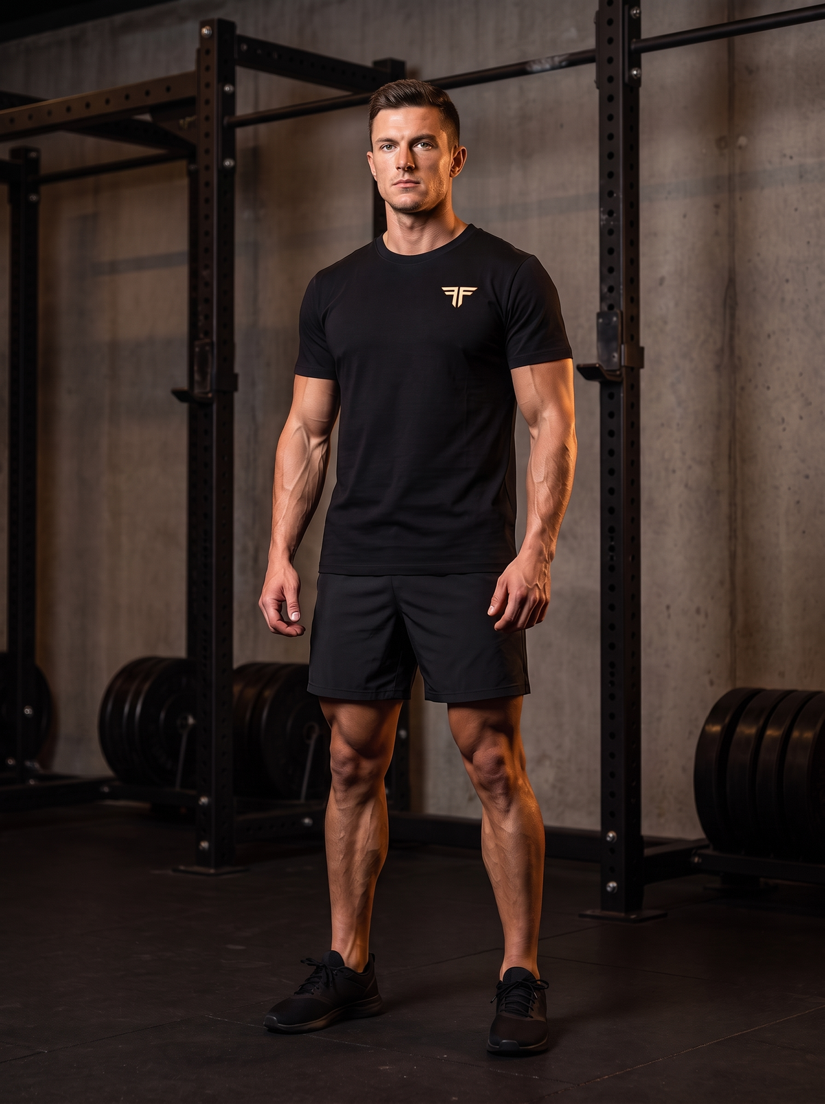 Clarke wearing the YFYF Black Heavyweight Cotton Tee, front, gold FF chest logo, in the gym
