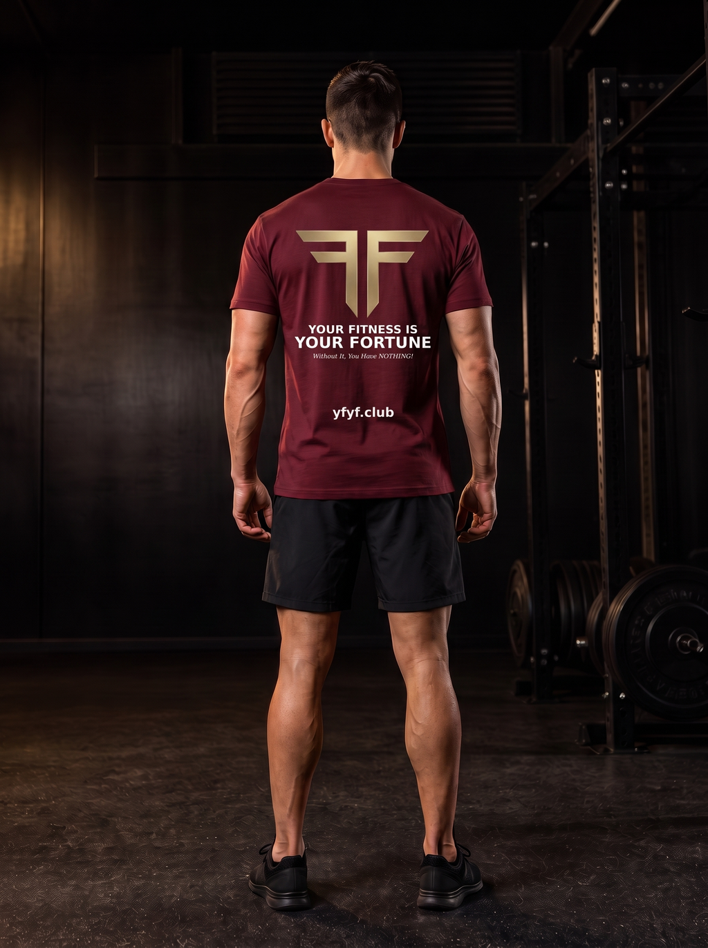 Clarke in the YFYF Oxblood Heavyweight Cotton Tee, back, Your Fitness Is Your Fortune panel with white yfyf.club, in the gym