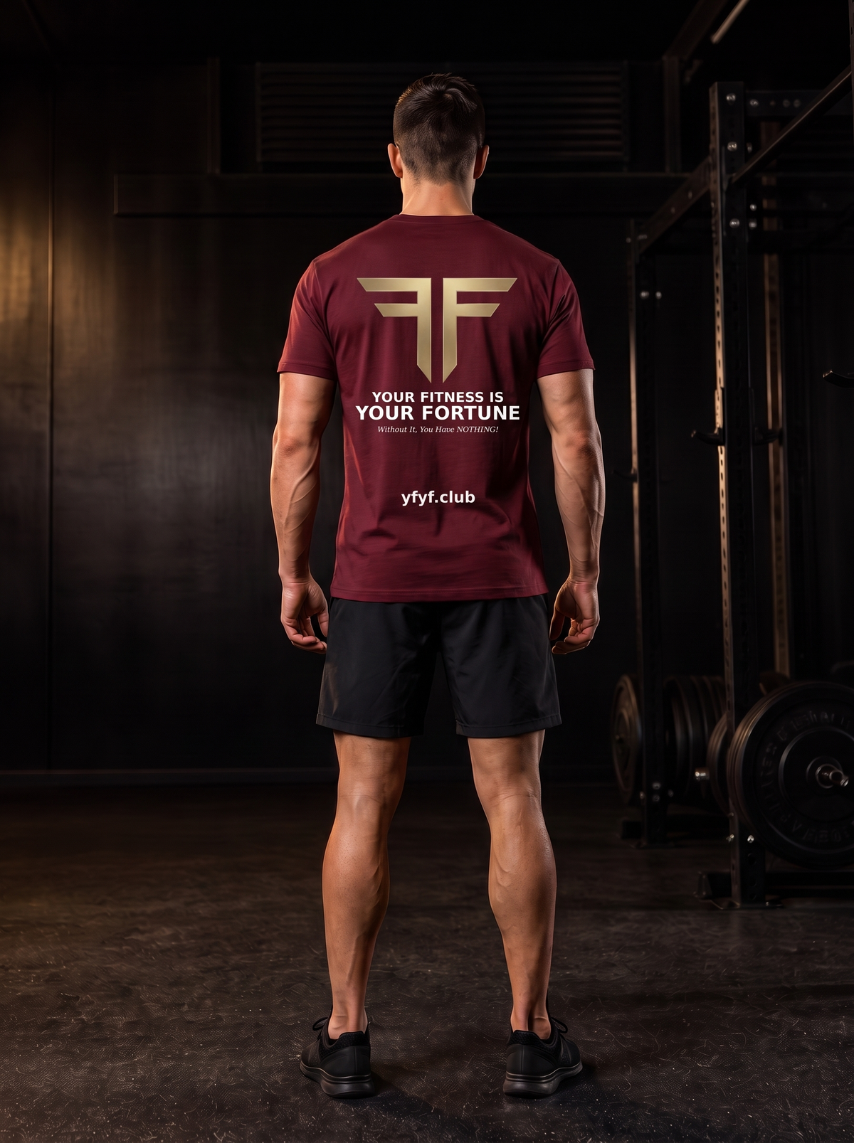 Clarke in the YFYF Oxblood Heavyweight Cotton Tee, back, Your Fitness Is Your Fortune panel with white yfyf.club, in the gym