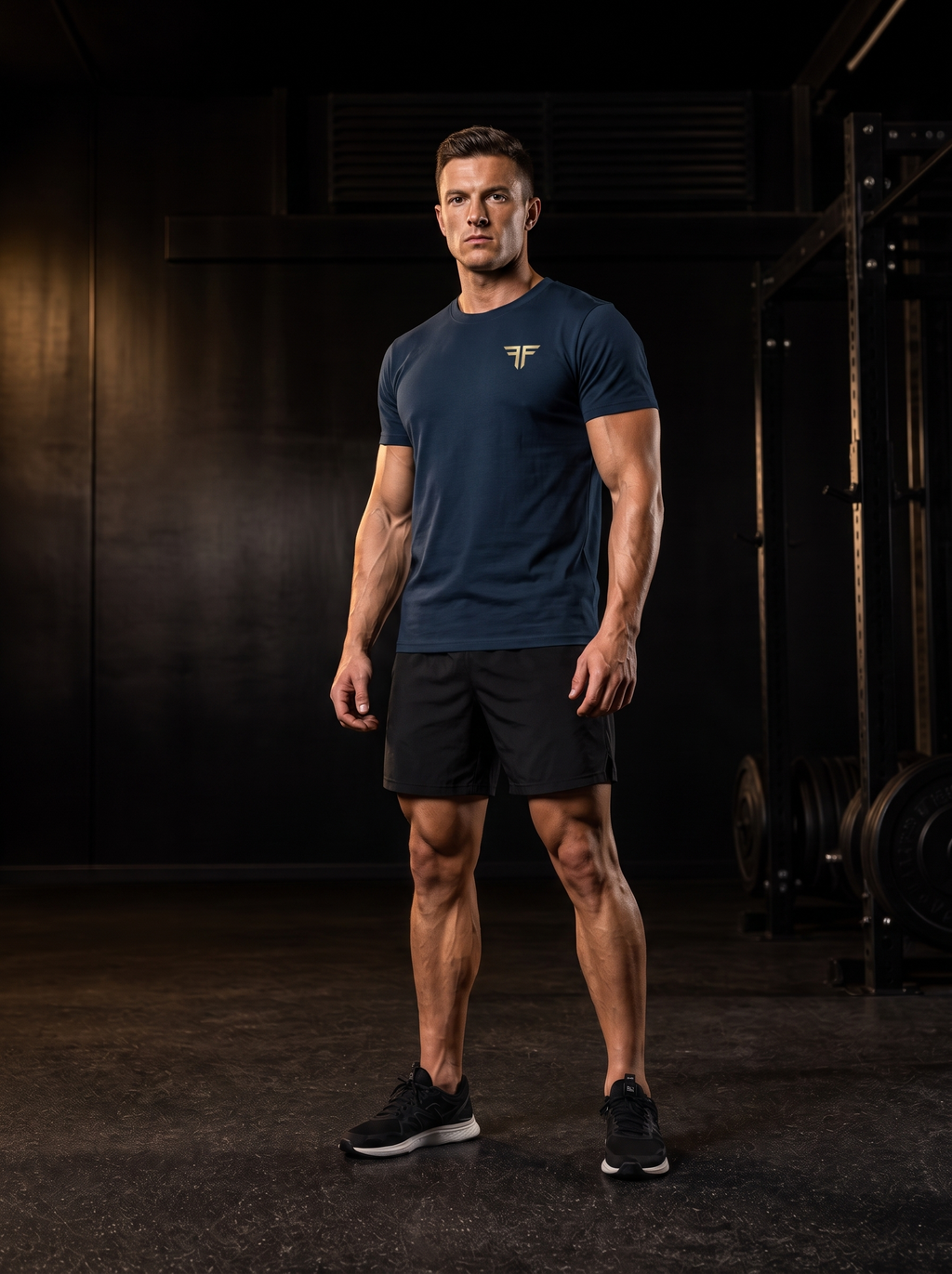 Clarke in the YFYF Navy Blue Heavyweight Cotton Tee, front, gold FF chest logo, in the gym