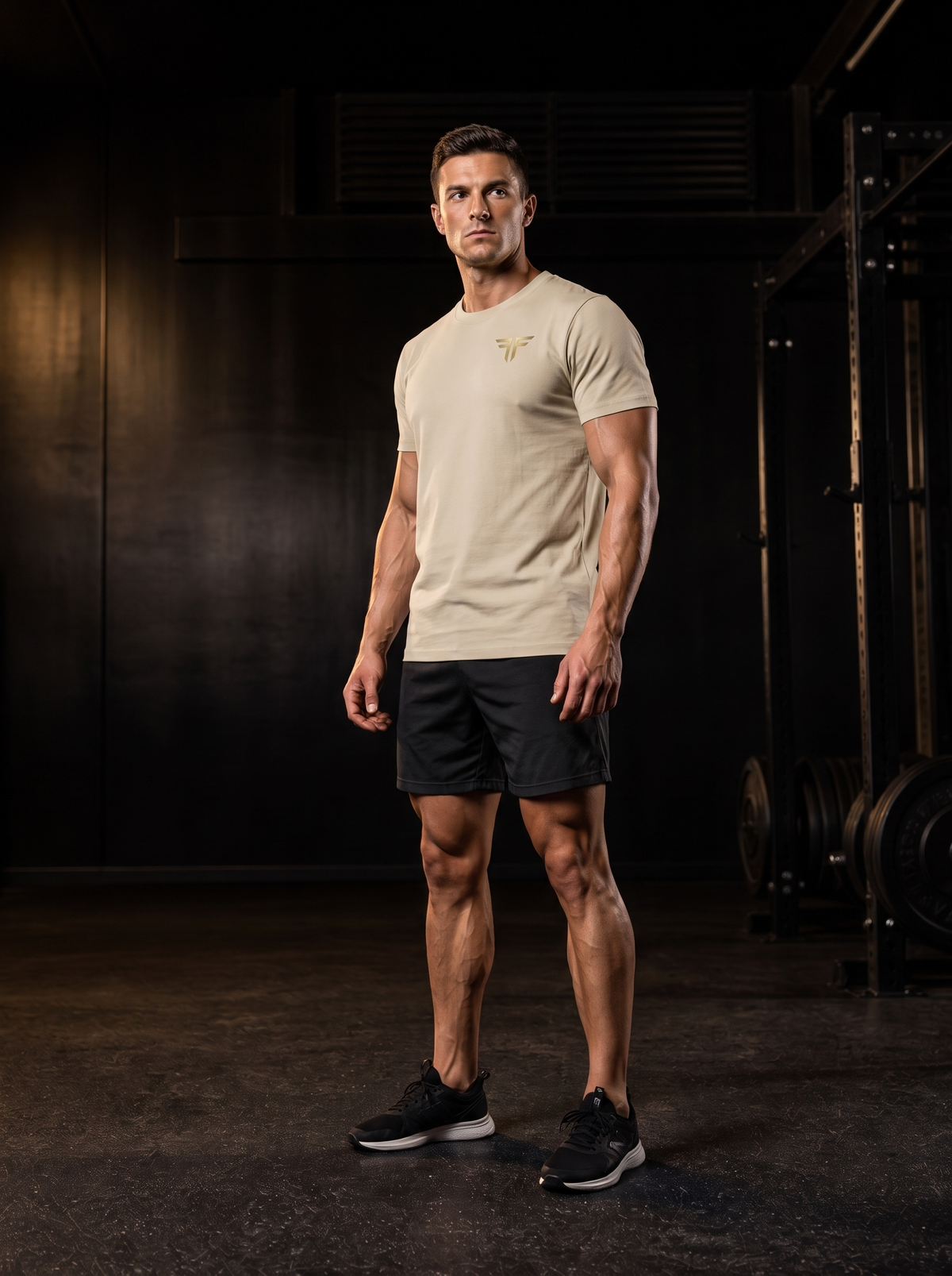 Clarke in the YFYF Pale Khaki Heavyweight Cotton Tee, front, gold FF chest logo, in the gym