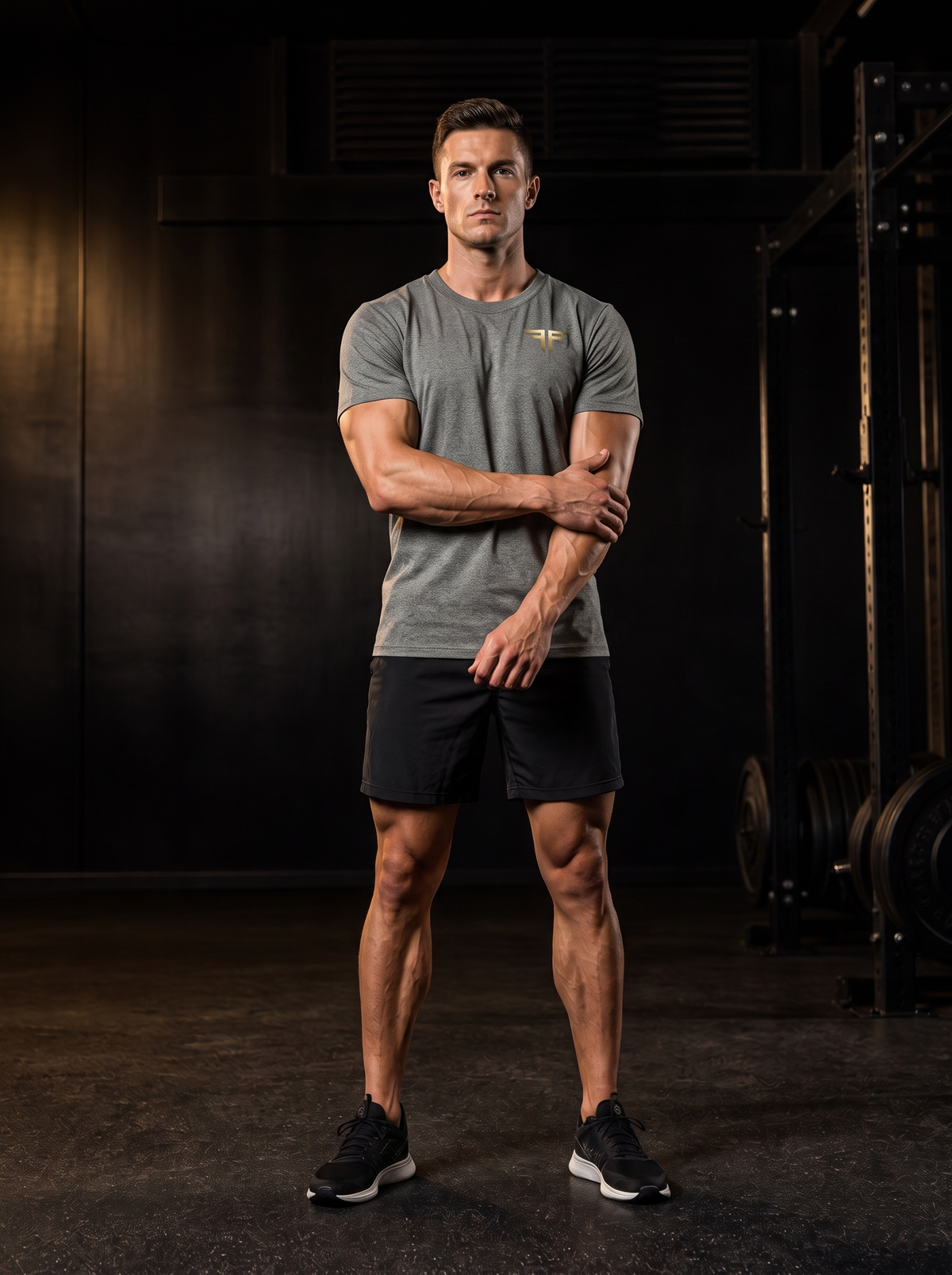 Clarke in the YFYF Heather Gray Heavyweight Cotton Tee, front, gold FF chest logo, in the gym