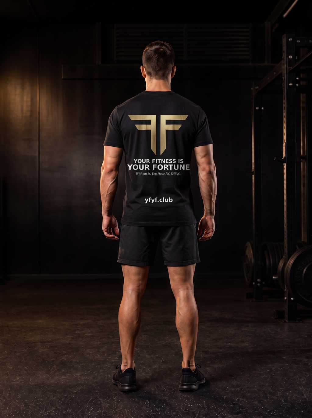 Clarke in the YFYF Black Heavyweight Cotton Tee, back, Your Fitness Is Your Fortune panel, in the gym