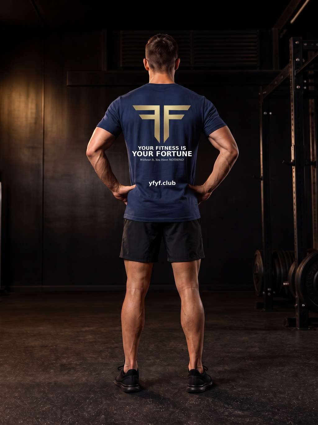Clarke in the YFYF Navy Blue Heavyweight Cotton Tee, back, Your Fitness Is Your Fortune panel, in the gym