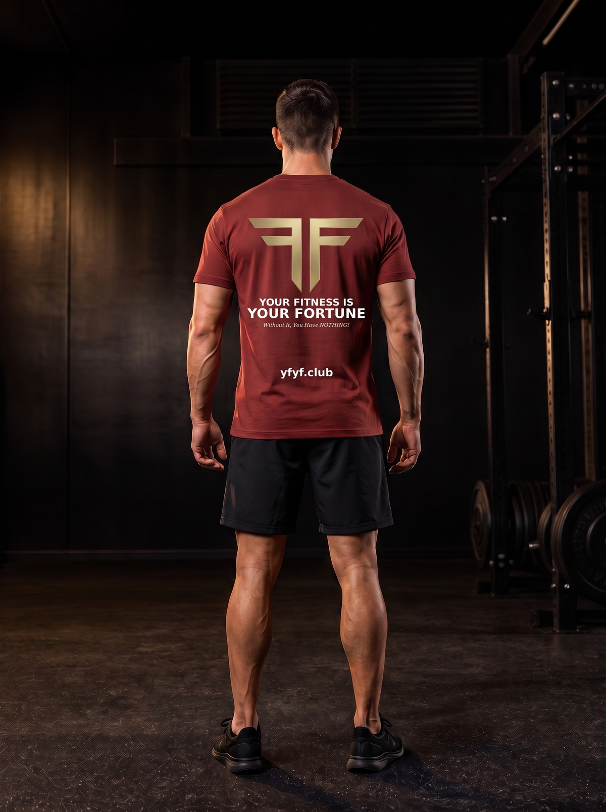 Clarke in the YFYF Jujube Red Heavyweight Cotton Tee, back, Your Fitness Is Your Fortune panel, in the gym