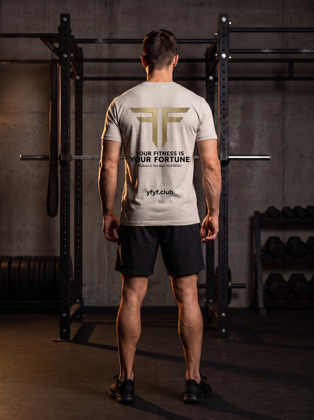 Clarke in the YFYF Oat Gray Heavyweight Cotton Tee, back, Your Fitness Is Your Fortune panel in black print, in the gym