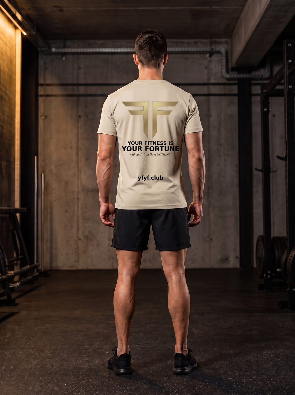 Clarke in the YFYF Pale Khaki Heavyweight Cotton Tee, back, Your Fitness Is Your Fortune panel in black print, in the gym
