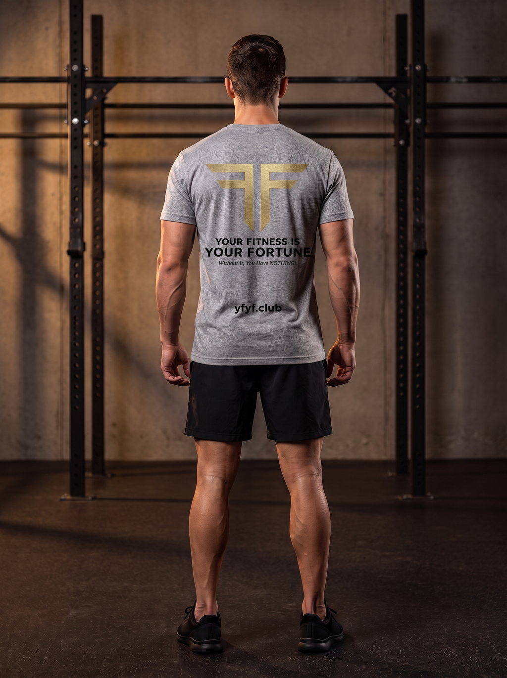 Clarke in the YFYF Heather Gray Heavyweight Cotton Tee, back, Your Fitness Is Your Fortune panel in black print, in the gym