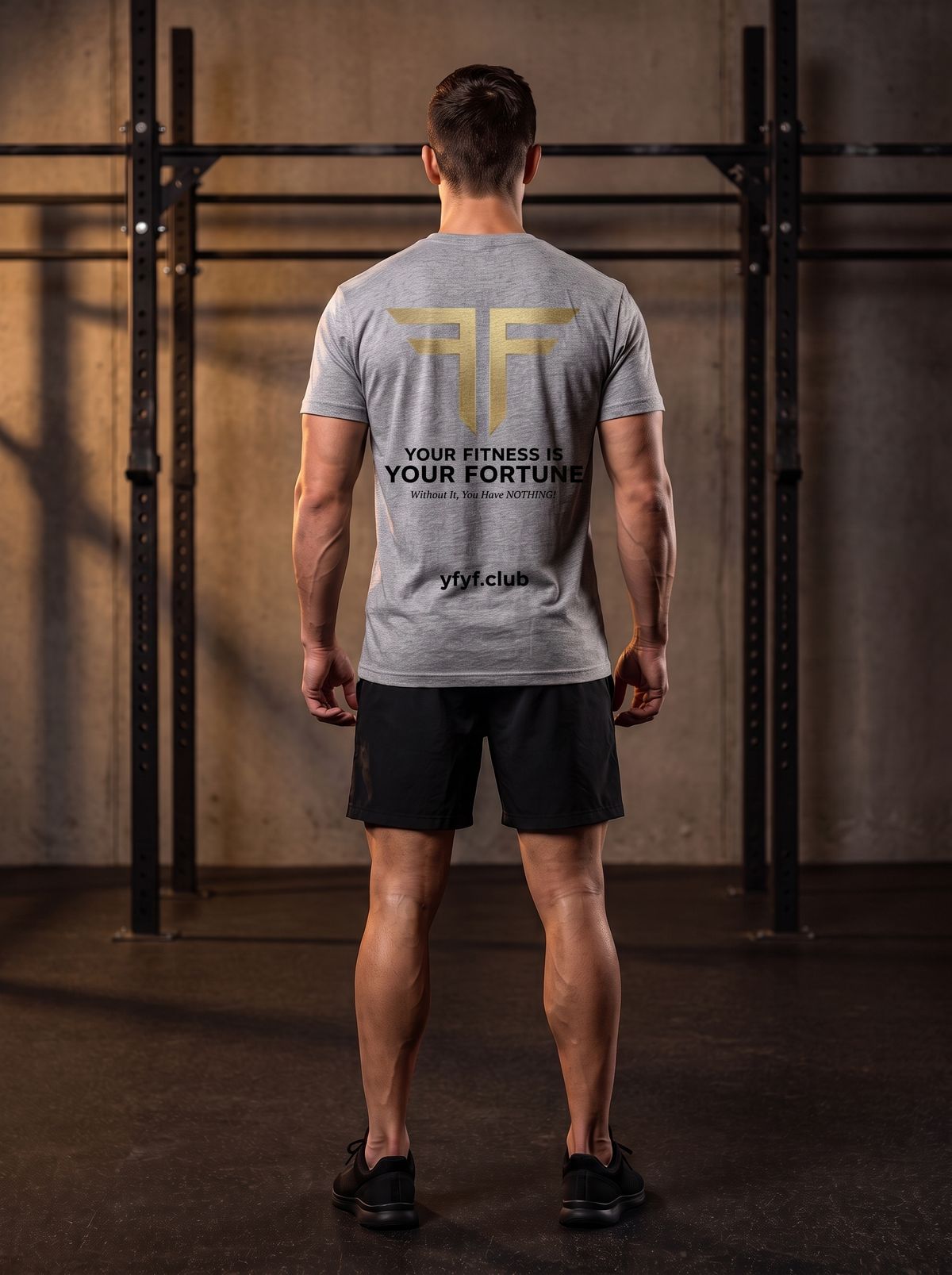 Clarke in the YFYF Heather Gray Heavyweight Cotton Tee, back, Your Fitness Is Your Fortune panel in black print, in the gym