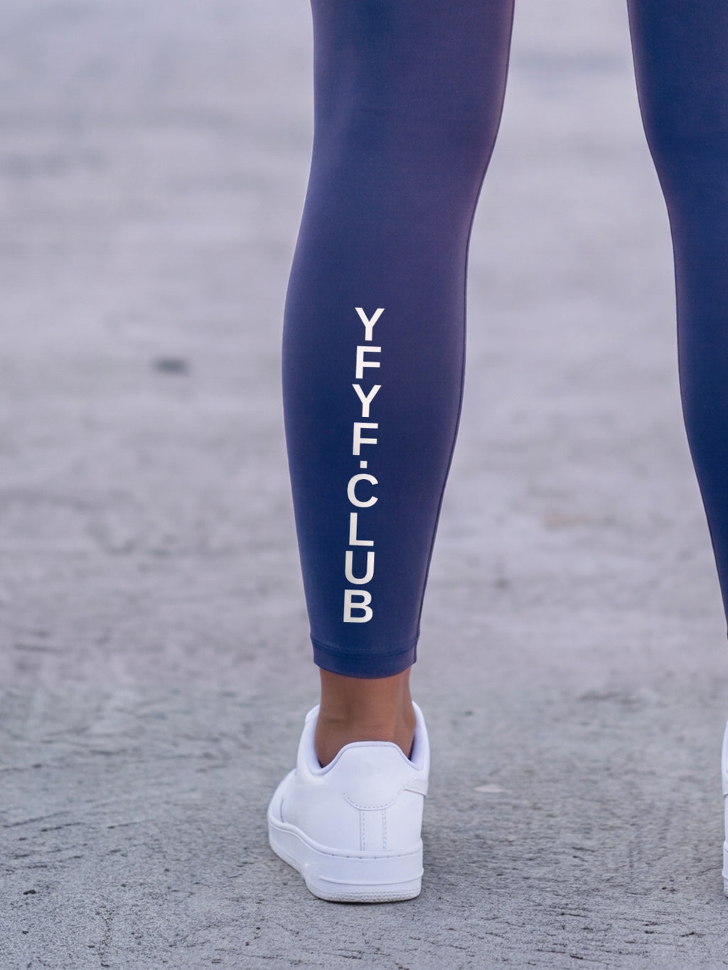 Close-up of the calf print on the LTD Edition royal blue leggings
