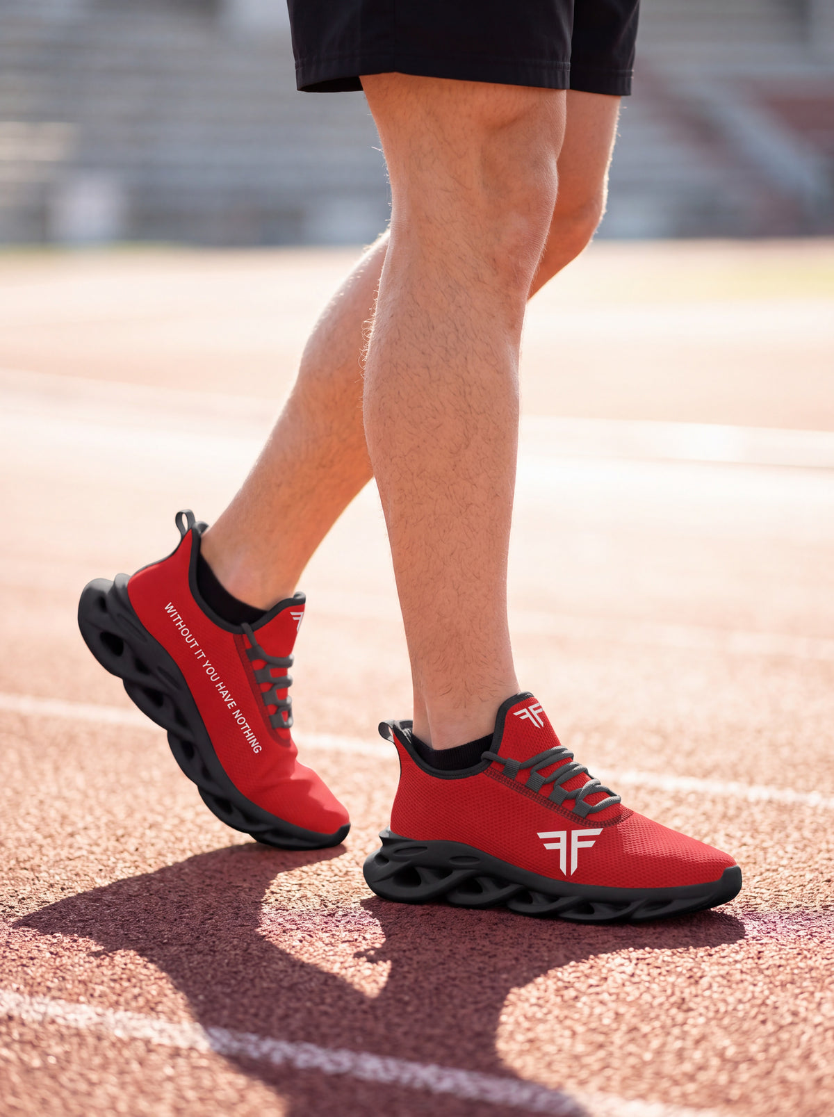 Max Soul Workout Shoes Red on feet outdoors, black sole