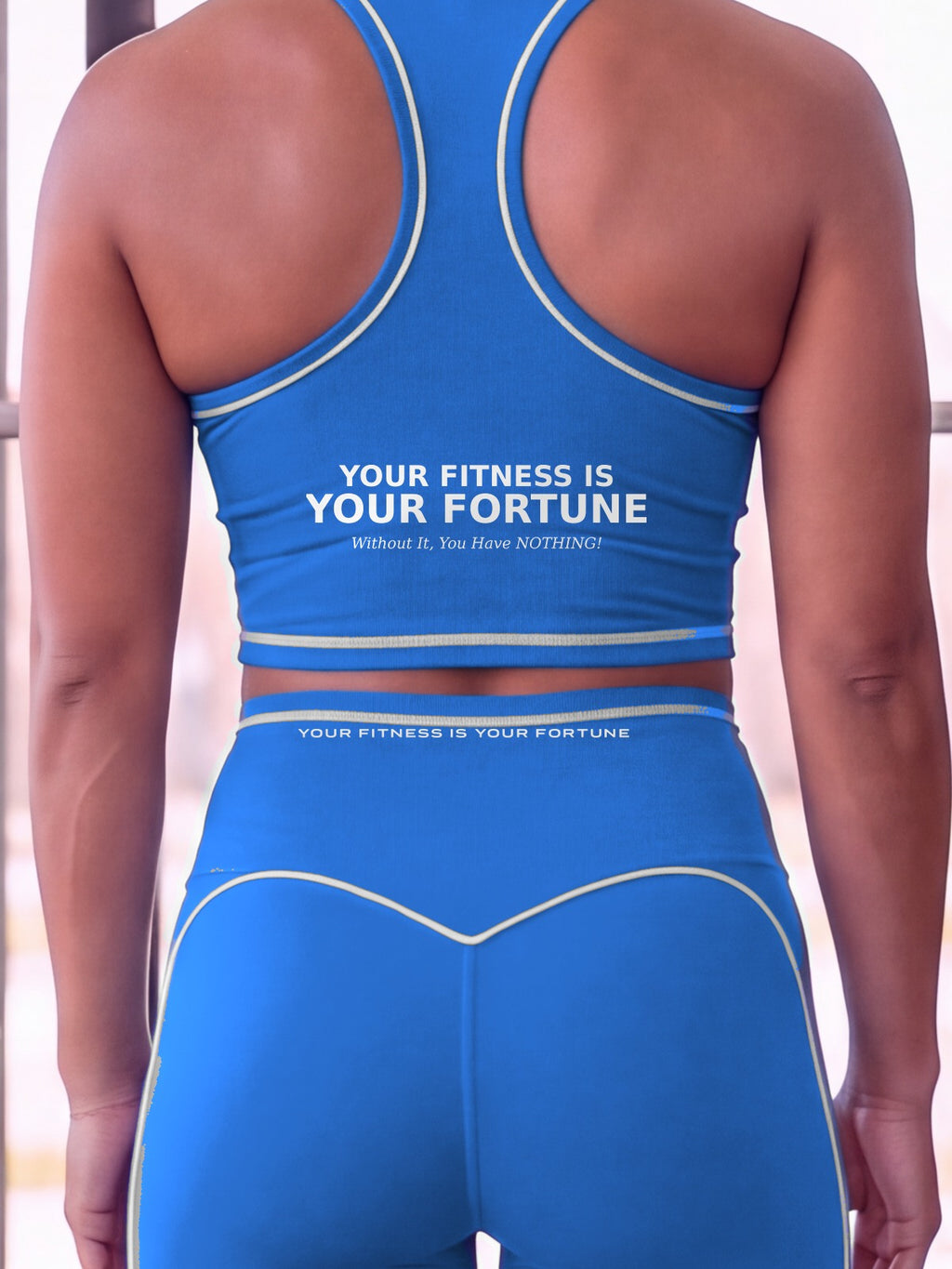 Close-up of the Your Fitness Is Your Fortune / Without It, You Have NOTHING! back print on the YFYF Fortune Racerback Crop Top – Coastal Blue