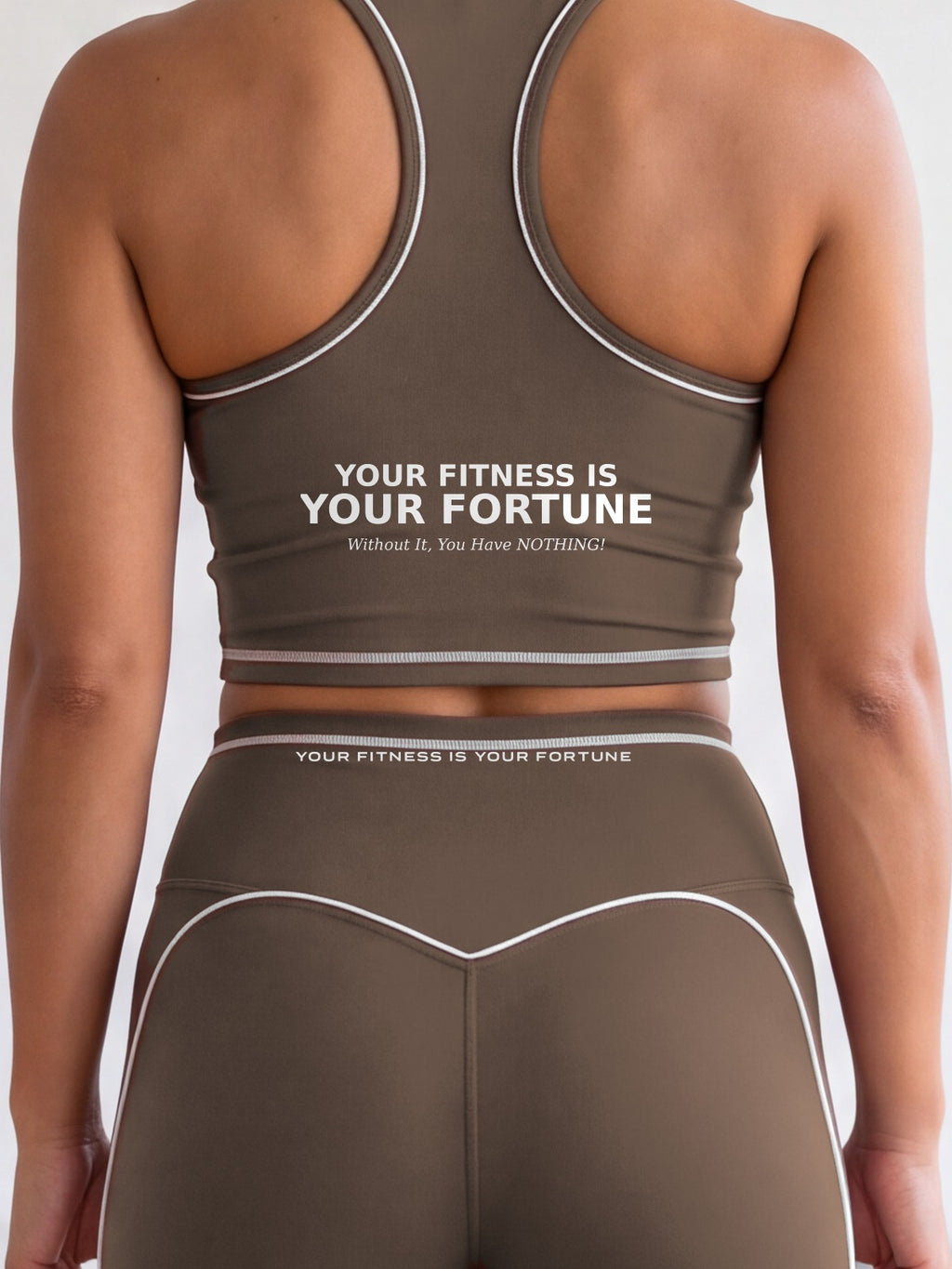 Close-up of the Your Fitness Is Your Fortune / Without It, You Have NOTHING! back print on the YFYF Fortune Racerback Crop Top – Coffee