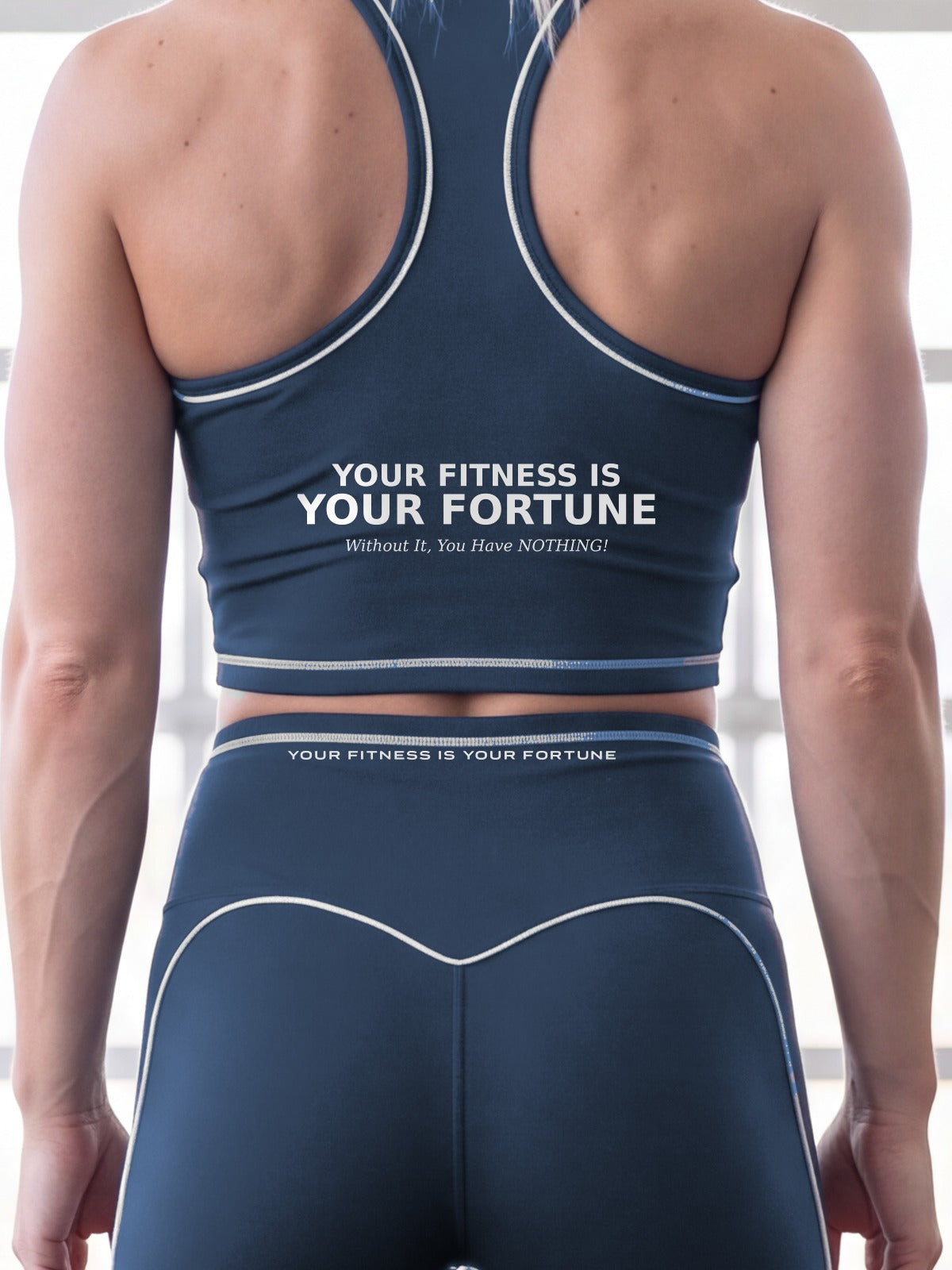 Close-up of the Your Fitness Is Your Fortune / Without It, You Have NOTHING! back print on the YFYF Fortune Racerback Crop Top – Navy Blue