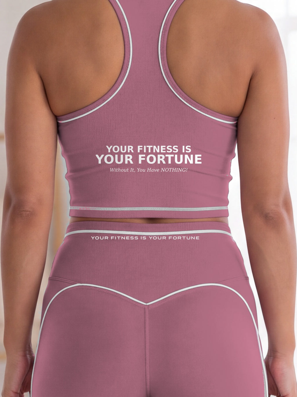 Close-up of the Your Fitness Is Your Fortune / Without It, You Have NOTHING! back print on the YFYF Fortune Racerback Crop Top – Purple