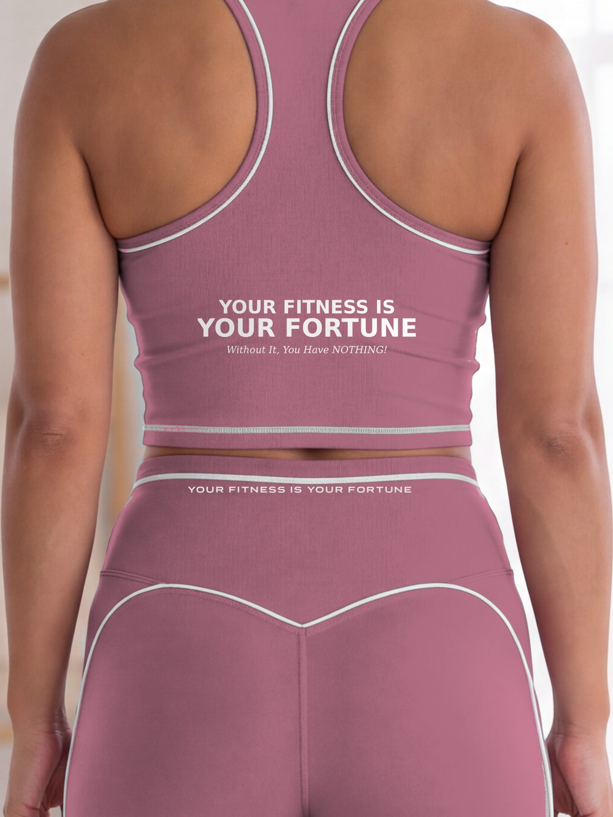Close-up of the Your Fitness Is Your Fortune / Without It, You Have NOTHING! back print on the YFYF Fortune Racerback Crop Top – Purple