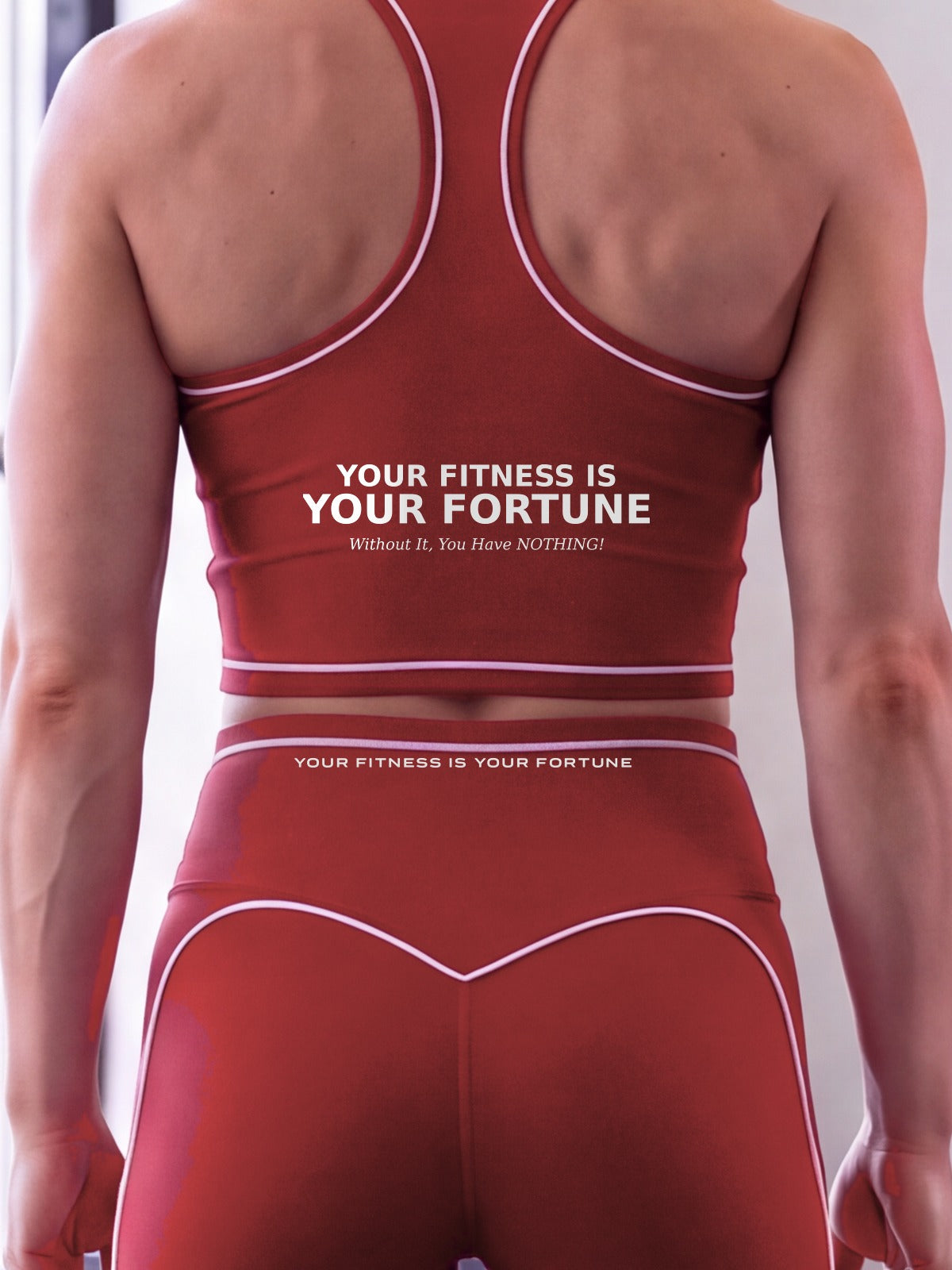 Close-up of the Your Fitness Is Your Fortune / Without It, You Have NOTHING! back print on the YFYF Fortune Racerback Crop Top – Red