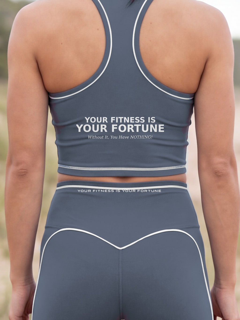 Close-up of the Your Fitness Is Your Fortune / Without It, You Have NOTHING! back print on the YFYF Fortune Racerback Crop Top – Storm Blue