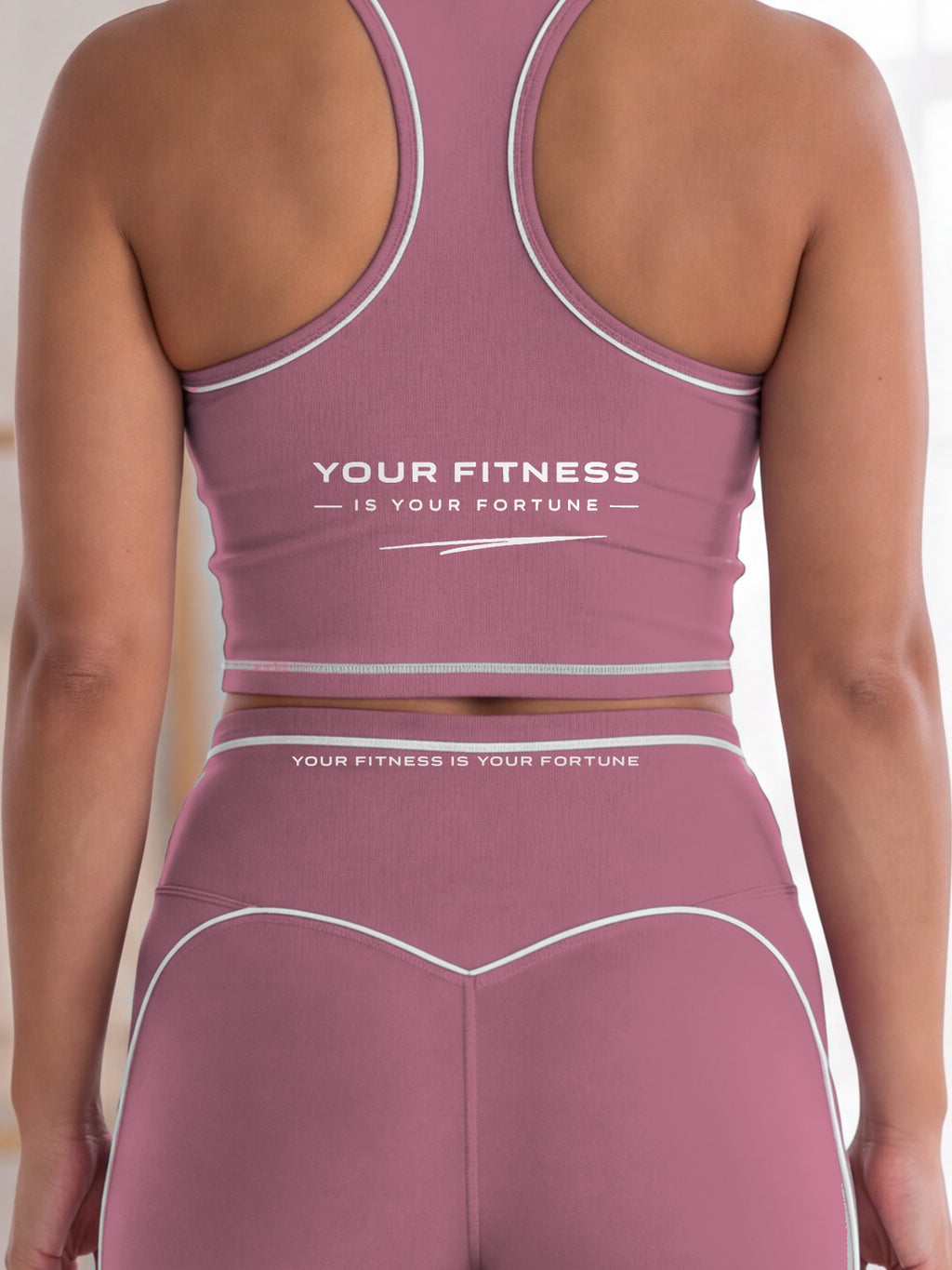 Close-up of the Your Fitness Is Your Fortune, with a signature stroke back print on the YFYF Fortune Signature Racerback Crop Top – Purple